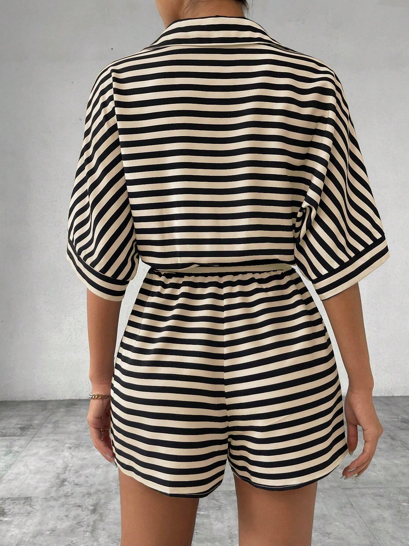 Striped Belted Button Down Romper with Half Sleeves