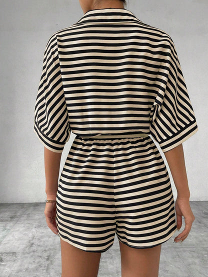 Striped Belted Button Down Romper with Half Sleeves