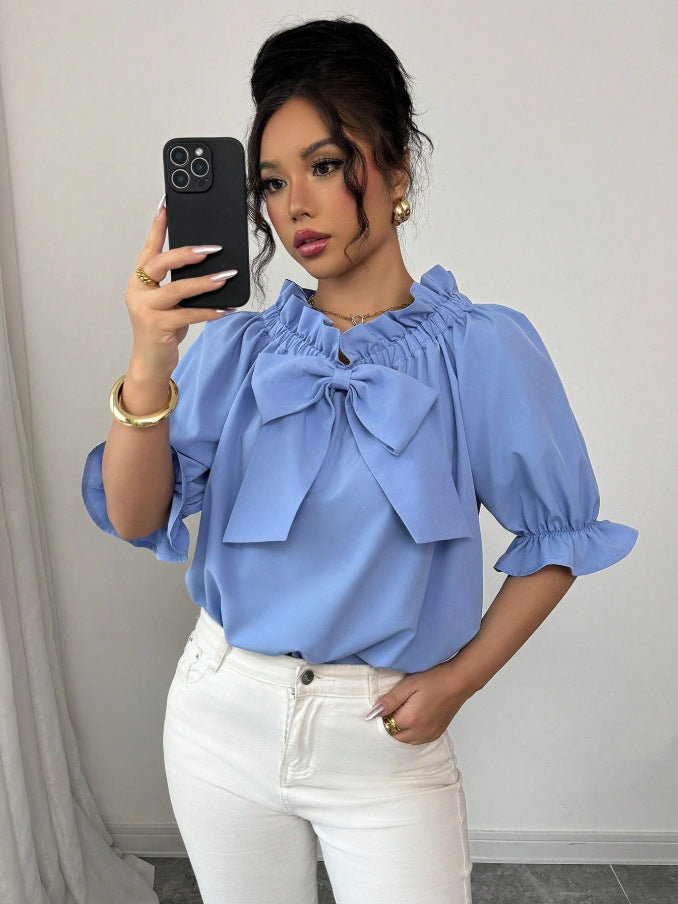 Bow Tie Ruffle Neck Blouse Puff Sleeve Dressy Casual Top