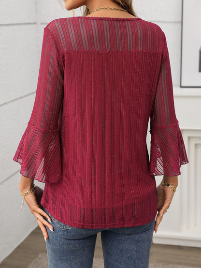 Elegant Round Neck Lotus Leaf Sleeve Mesh Top