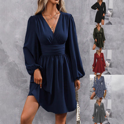 Women's V-Neck Balloon Sleeve Ruched Waist A-Line Dress