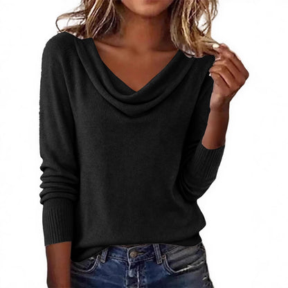 Women's Cowl Neck Puff Sleeve Solid Knit Sweater Top