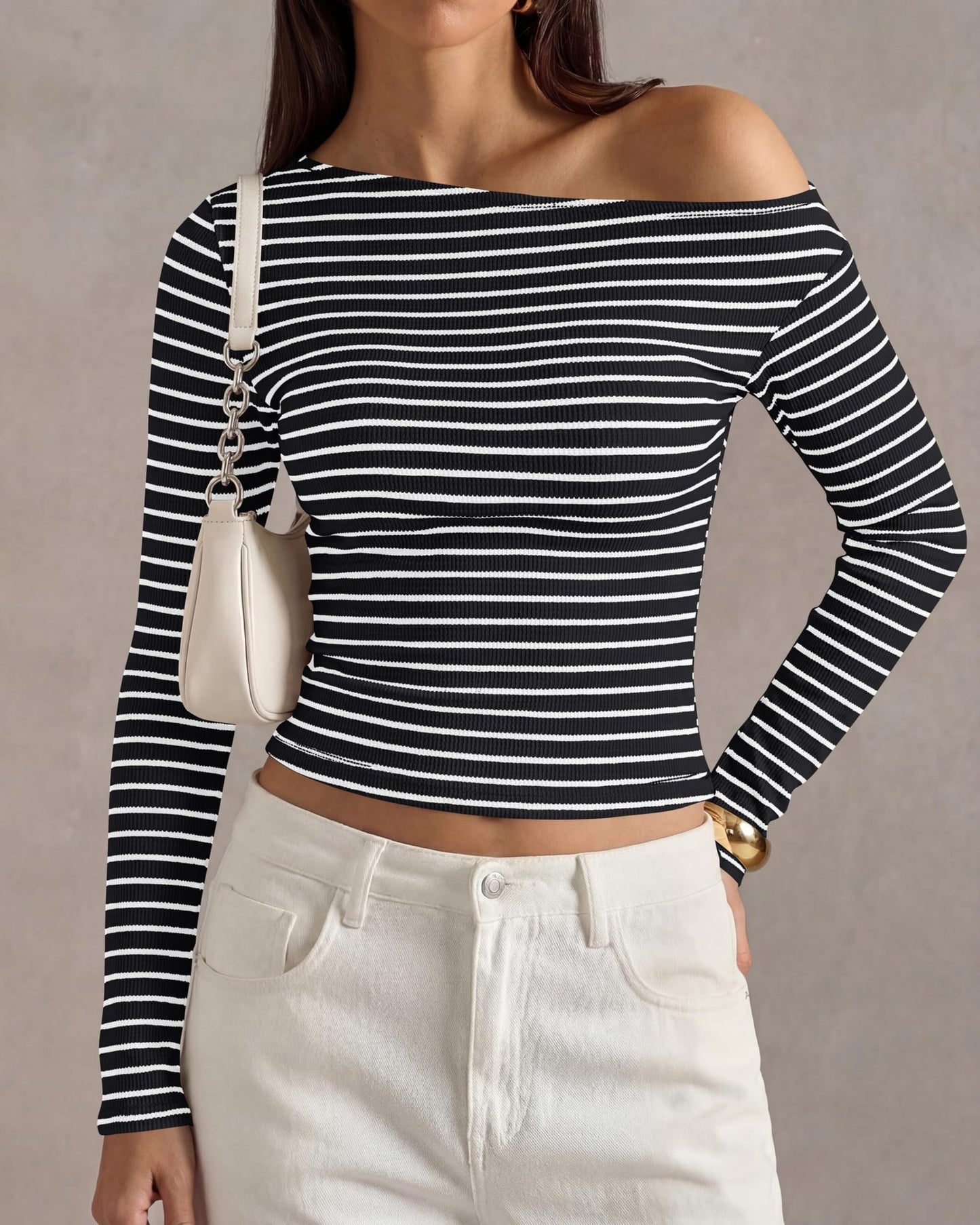 Off Shoulder Striped Long Sleeve Ribbed Knit Top Women