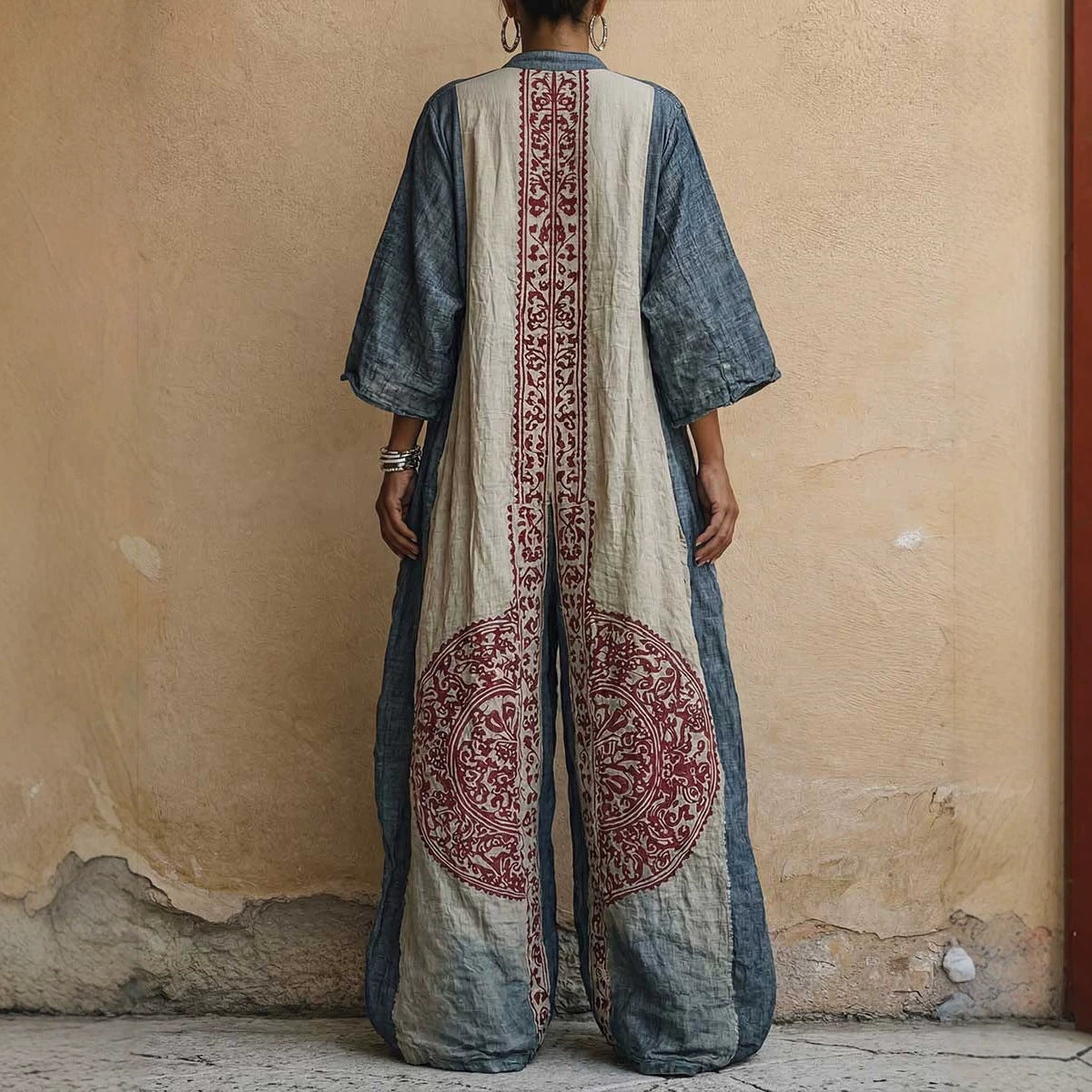 Womens Boho Printed Wide Leg Jumpsuit Loose 3/4 Sleeve