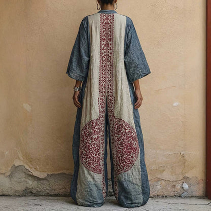 Womens Boho Printed Wide Leg Jumpsuit Loose 3/4 Sleeve