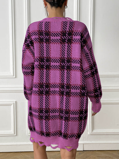 Plaid Color Block Knit Dress with Long Sleeves for Fall