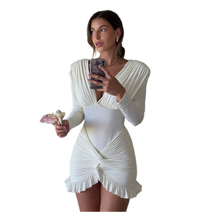 Sexy Ruched V Neck Long Sleeve Bodycon Mini Dress