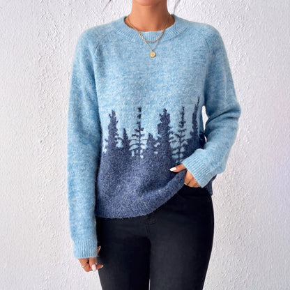 Women's Oversized Forest Jacquard Crewneck Sweater