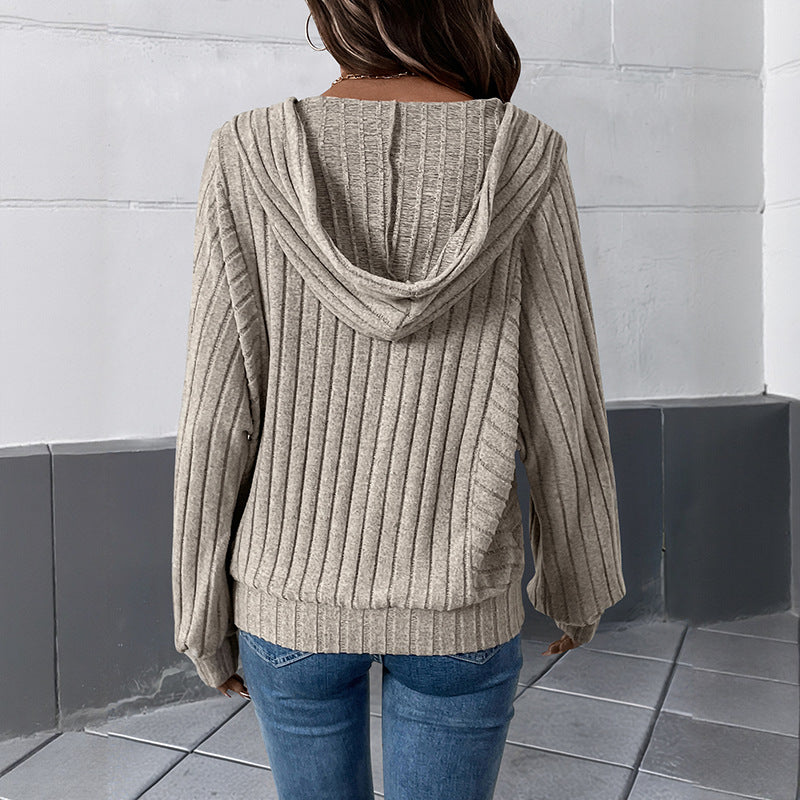 Women's Hooded Ribbed Knit Sweater Button Front Pullover
