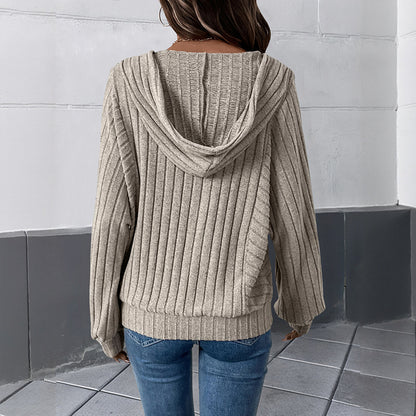 Women's Hooded Ribbed Knit Sweater Button Front Pullover