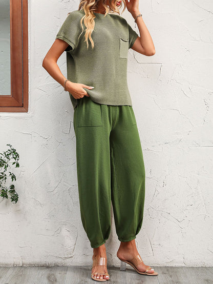 Colorblock Short-Sleeve Sweater & Pants Lounge Set