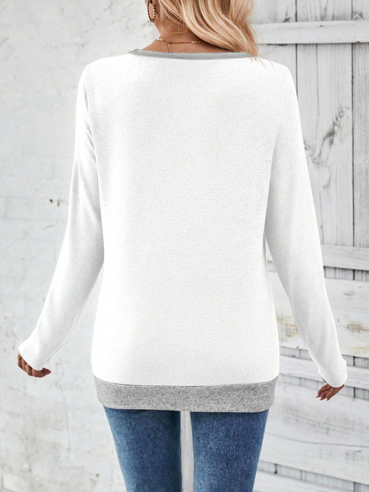 Women's Color Block V-Neck Long Sleeve Top Side Buttons