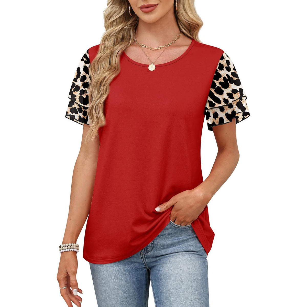 Women's Paisley Color Block Layered Sleeve Casual T-Shirt