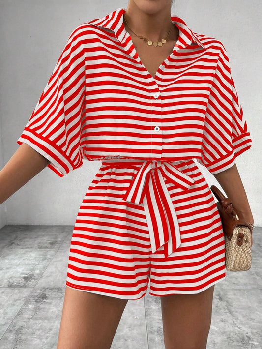 Striped Belted Button Down Romper with Half Sleeves