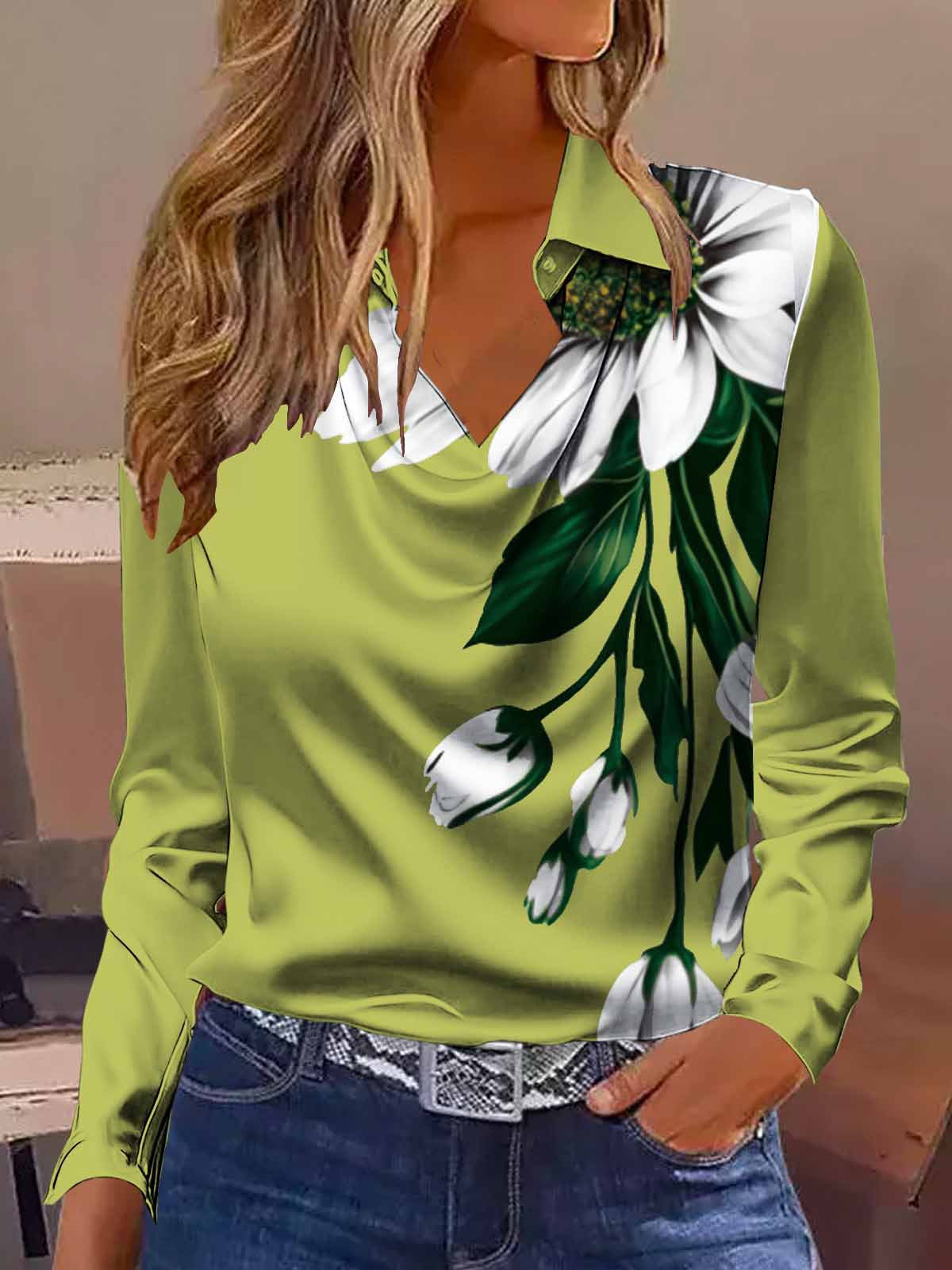 Women's Satin Cowl Neck Floral Long Sleeve Blouse