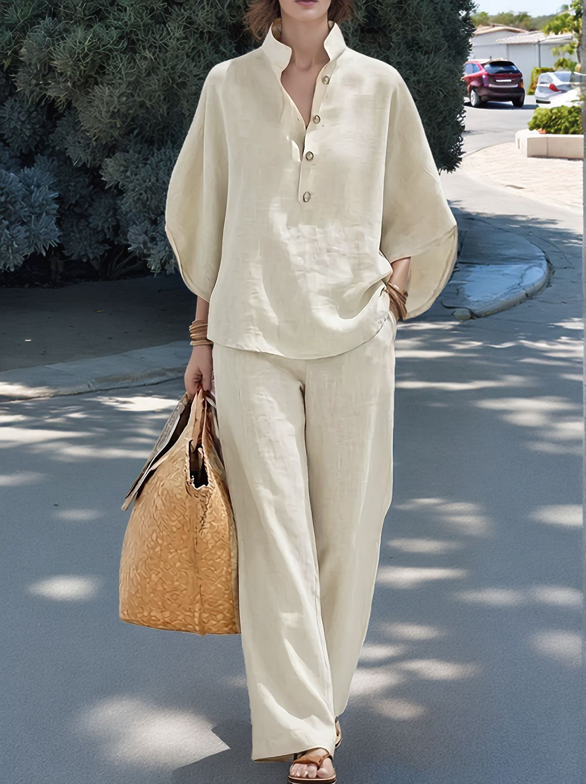 Women's Casual Two Piece Collared Shirt Wide Leg Pants Set