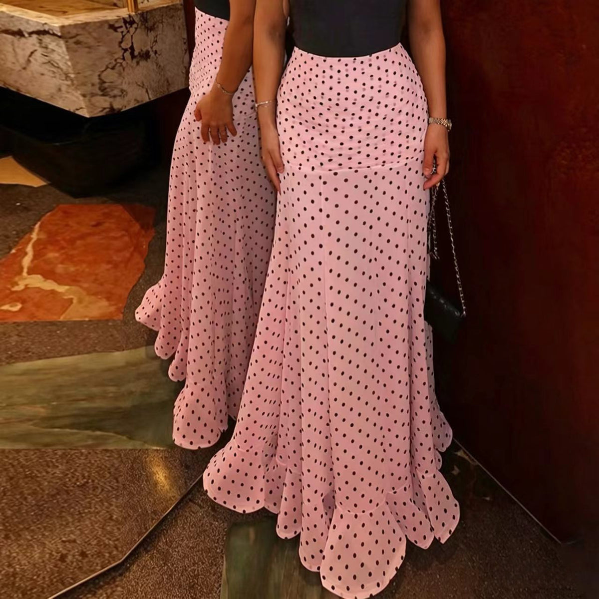 Women's Polka Dot High Waist Chiffon Maxi Skirt Ruffle Hem