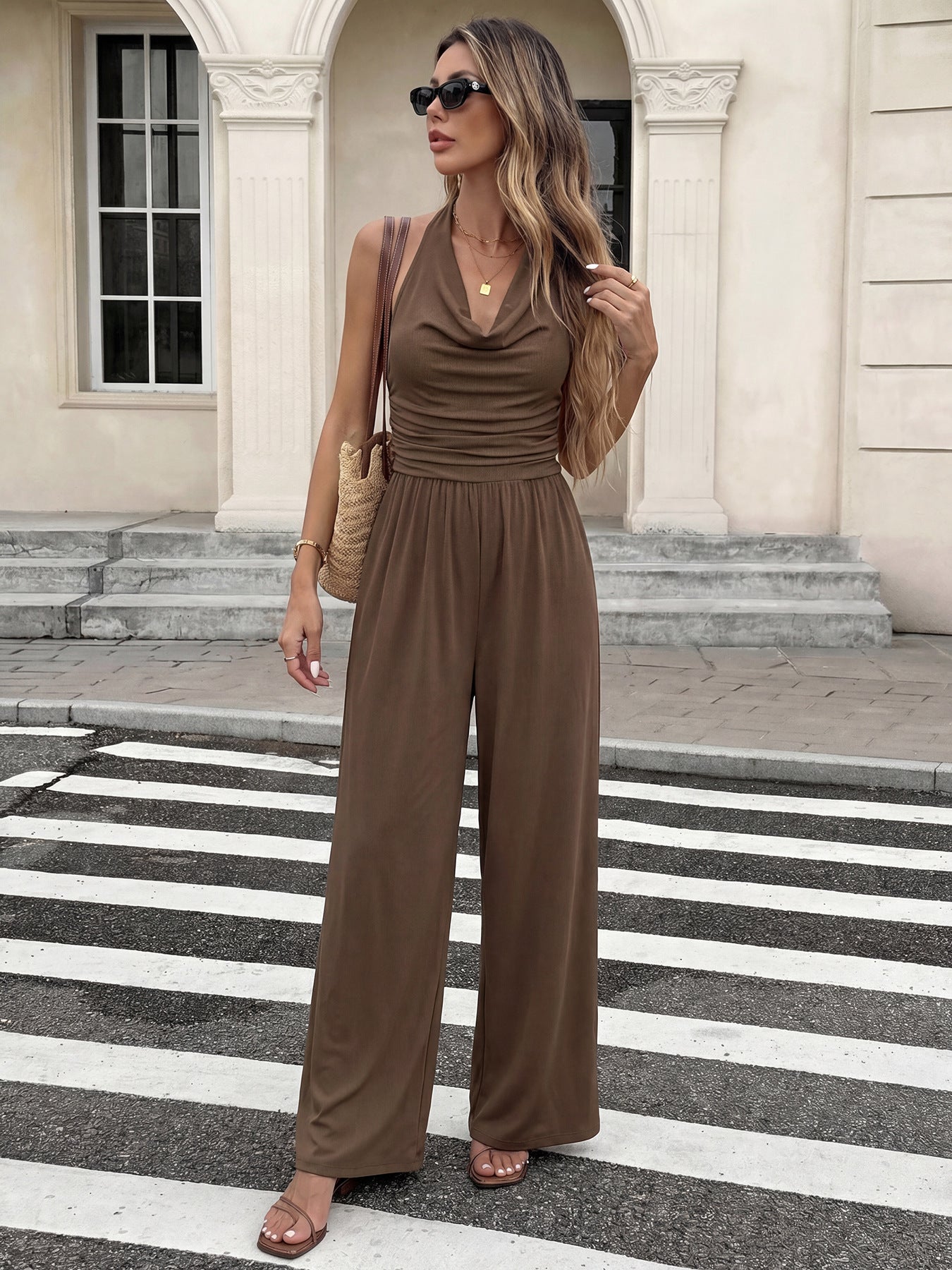 Cowl Neck Backless Wide Leg Jumpsuit Sleeveless Romper