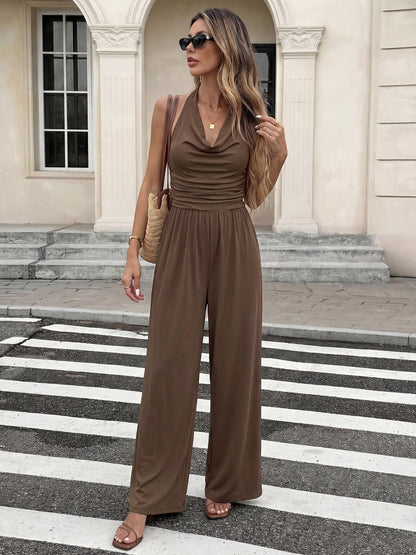 Cowl Neck Backless Wide Leg Jumpsuit Sleeveless Romper