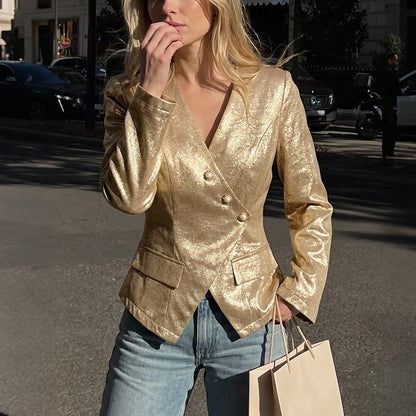 Metallic Gold Blazer V Neck Button Slim Jacket