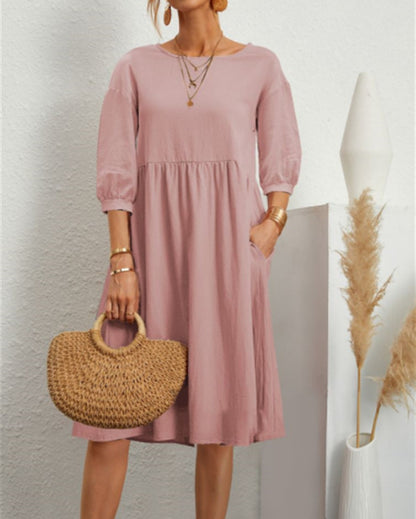 Cotton Linen Balloon Sleeve Midi Dress Pockets