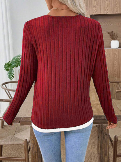 Ribbed Faux Layered Henley Long Sleeve Casual Top