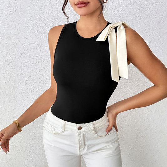 Contrast Bow Sleeveless Bodysuit Slim Fit Going Out Top