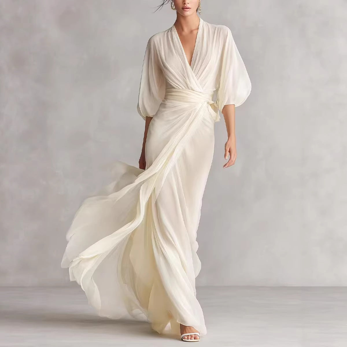 Elegant Deep V-Neck Lantern Sleeve Wrap Maxi Dress