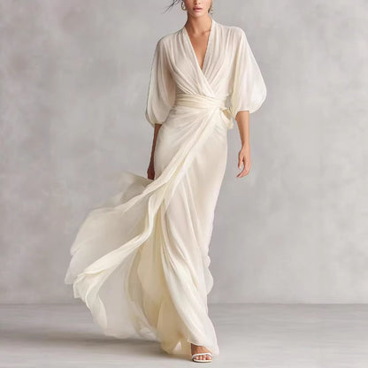 Elegant Deep V-Neck Lantern Sleeve Wrap Maxi Dress