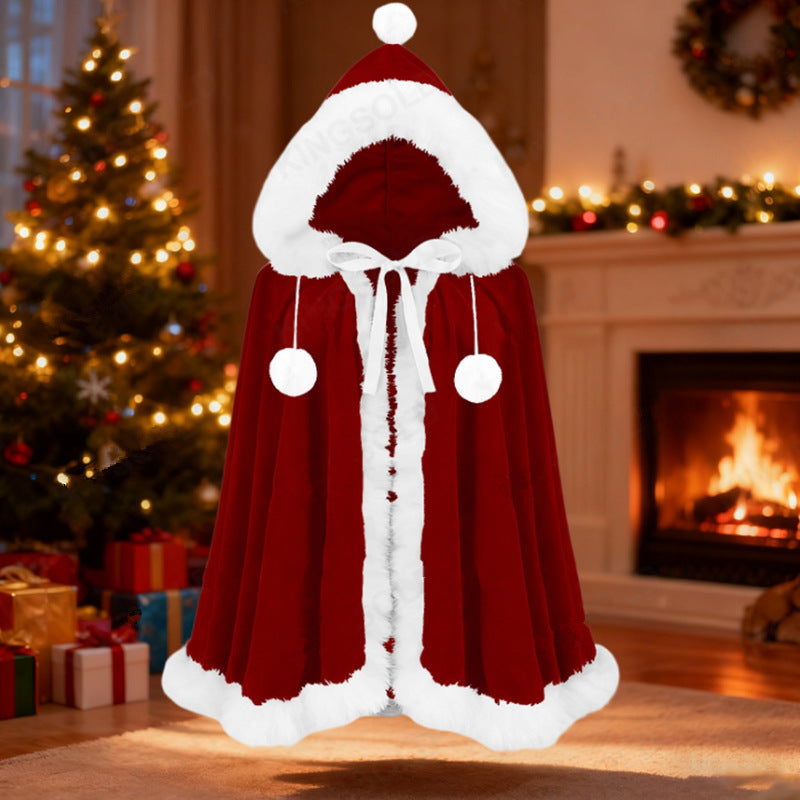 Women’s Christmas Hooded Velvet Cape Faux Fur Trim