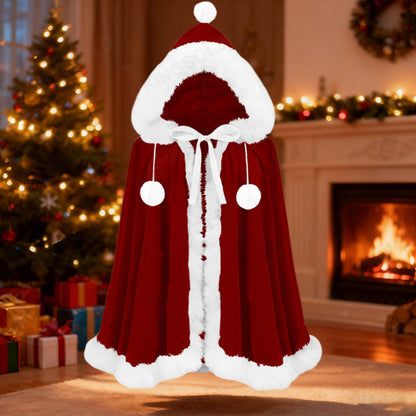 Women’s Christmas Hooded Velvet Cape Faux Fur Trim