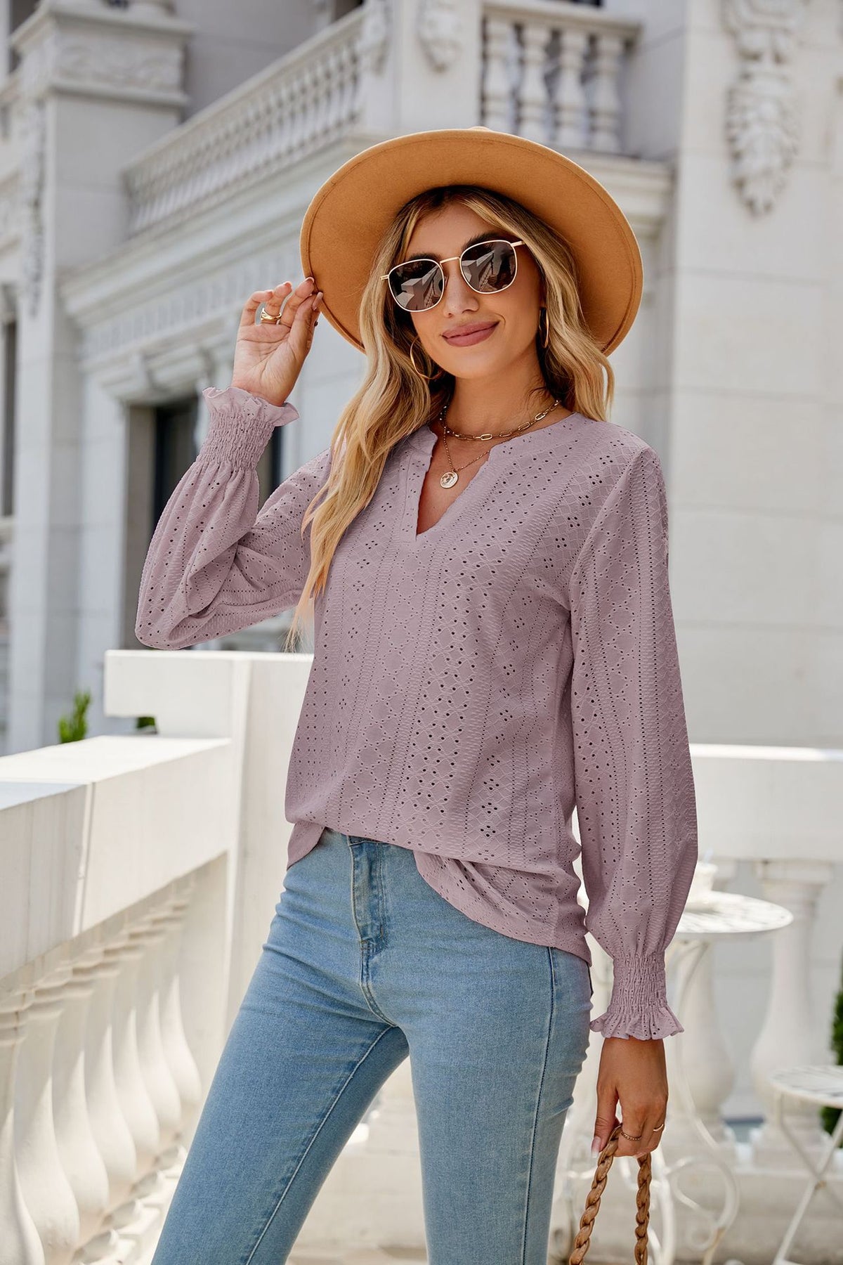 Women's Eyelet V-Neck Long Sleeve Ruffle Cuff Loose Blouse