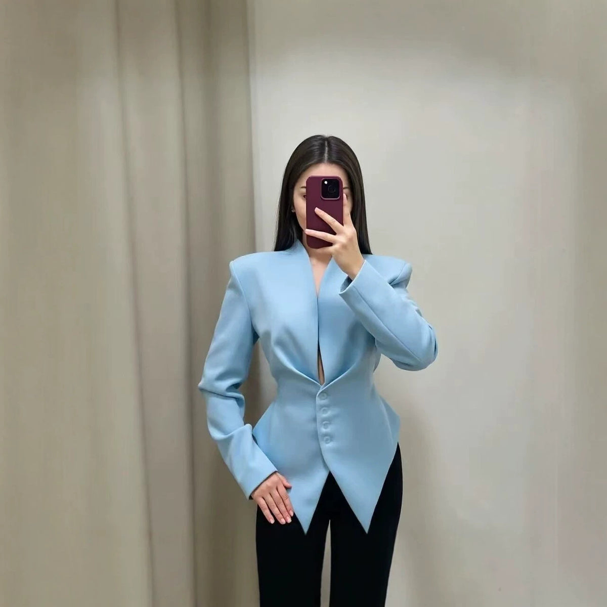 Women's V-Neck Cinched Waist Blazer Asymmetric Hem