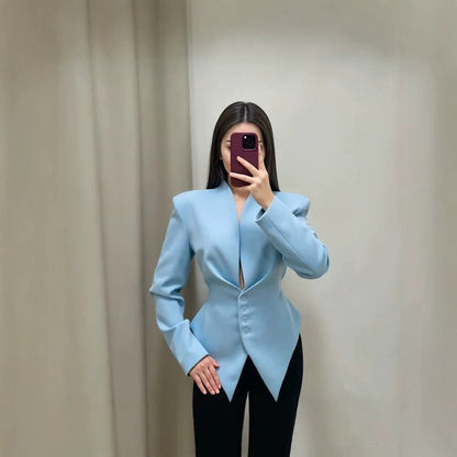 Women's V-Neck Cinched Waist Blazer Asymmetric Hem