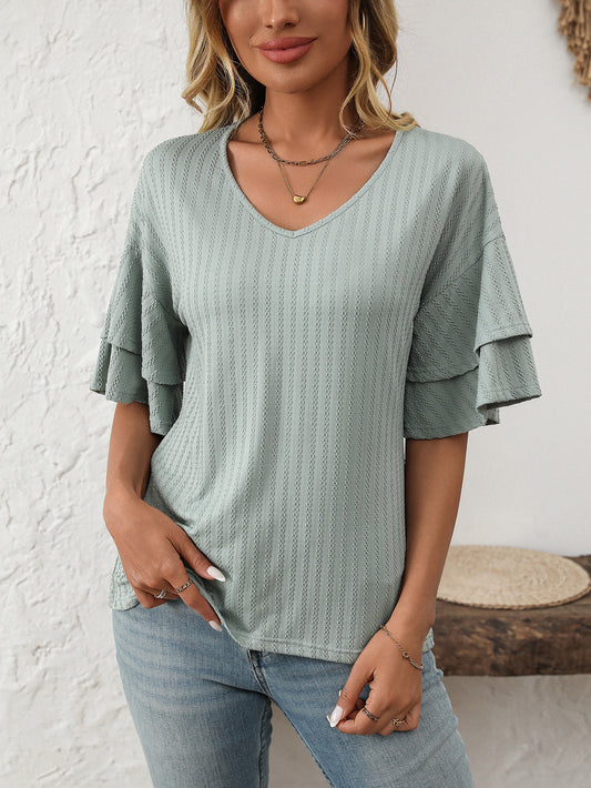 Textured V Neck Ruffle Sleeve Short Sleeve Casual Top