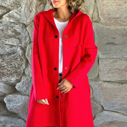 Women's Hooded Wool Coat Oversized Button Front Mid Length