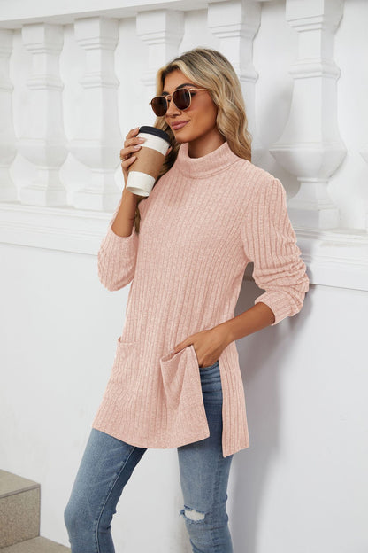 Women's Ribbed Mock Neck Long Sleeve Tunic with Pockets