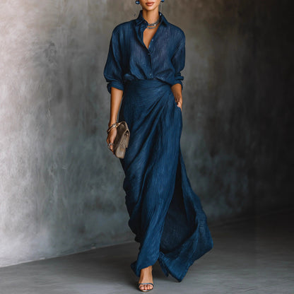 Women's V-Neck Long Sleeve Belted Pleated Midi Dress