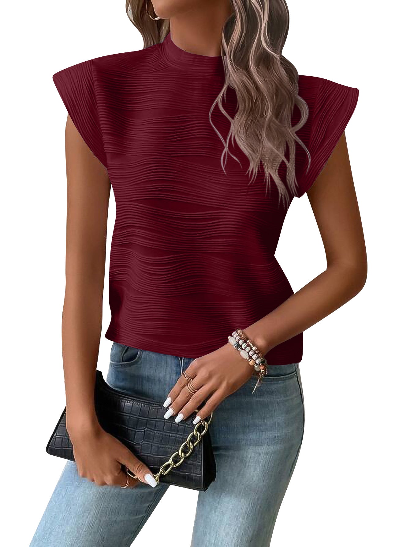 Textured Wavy Stripe Button Semi-Turtleneck Top