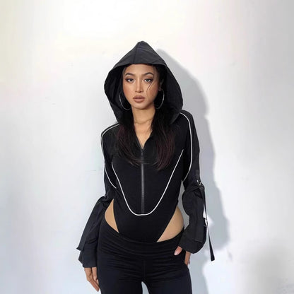 Women Hooded Cut Out Bodysuit Long Sleeve Streetwear