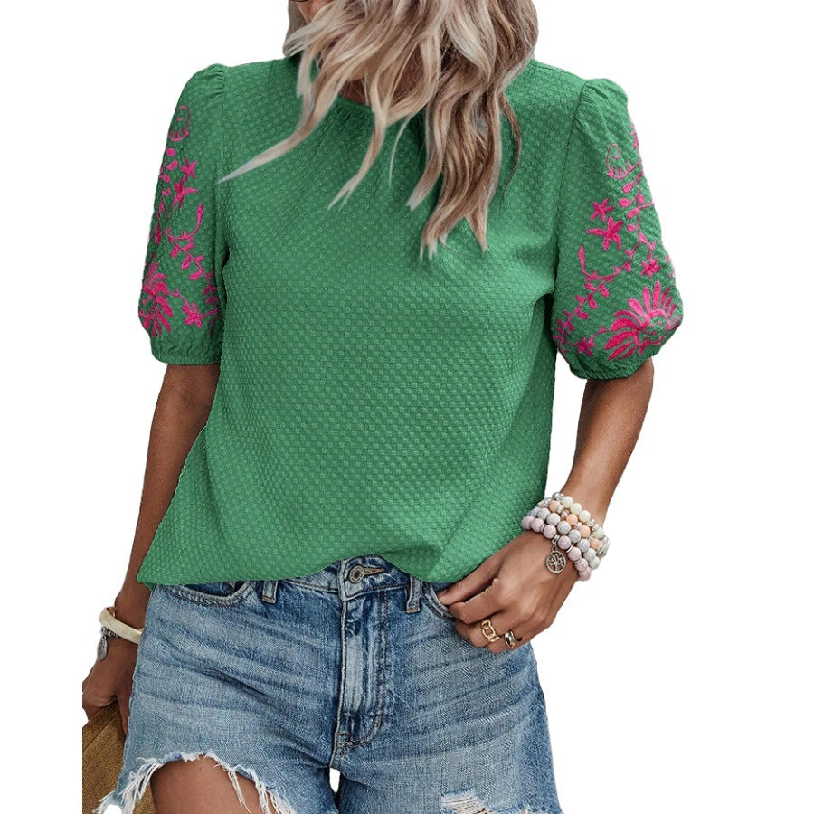 Womens Puff Sleeve Embroidered Floral Casual Summer Blouse