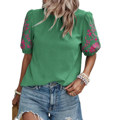 Womens Puff Sleeve Embroidered Floral Casual Summer Blouse