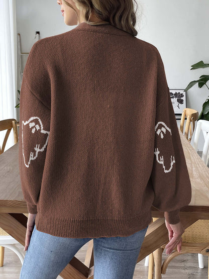 Halloween Ghost Print V-Neck Cardigan | Cozy Knit Sweater
