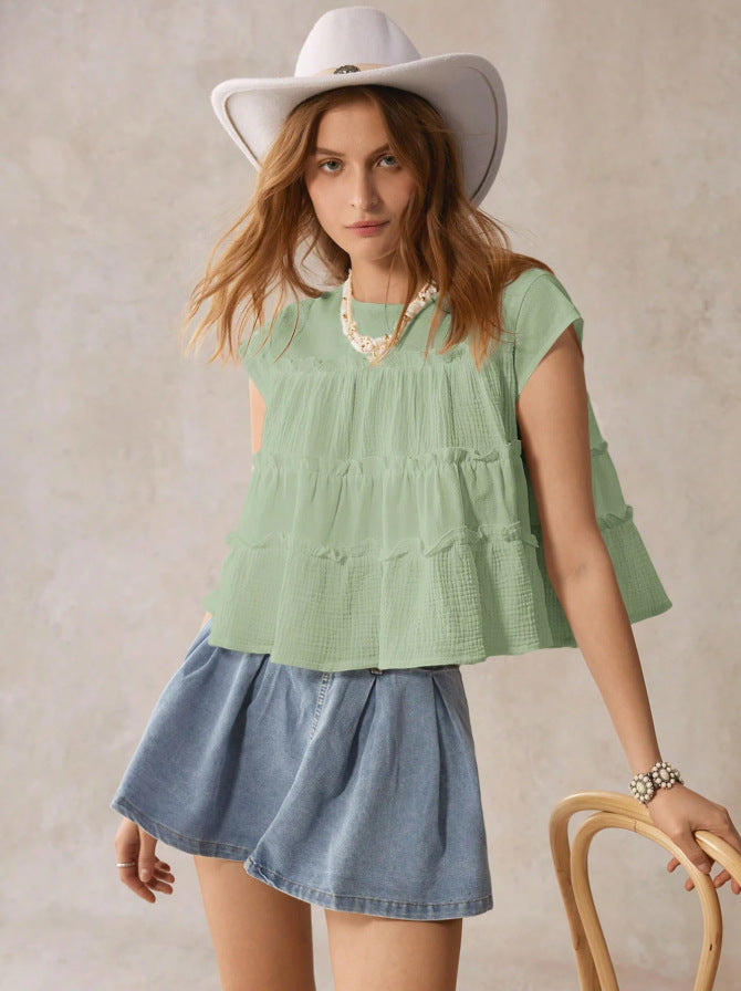 Cotton Tiered Babydoll Blouse Loose Ruffle Summer Top