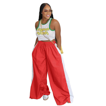 Women Sporty Color Block Wide Leg Pants Loose Side Stripe