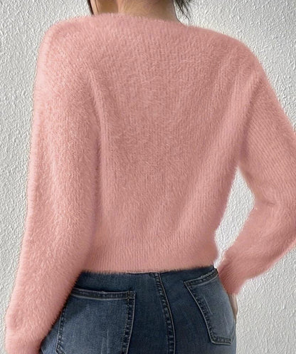 Women's Fuzzy Bow Button V-Neck Cardigan