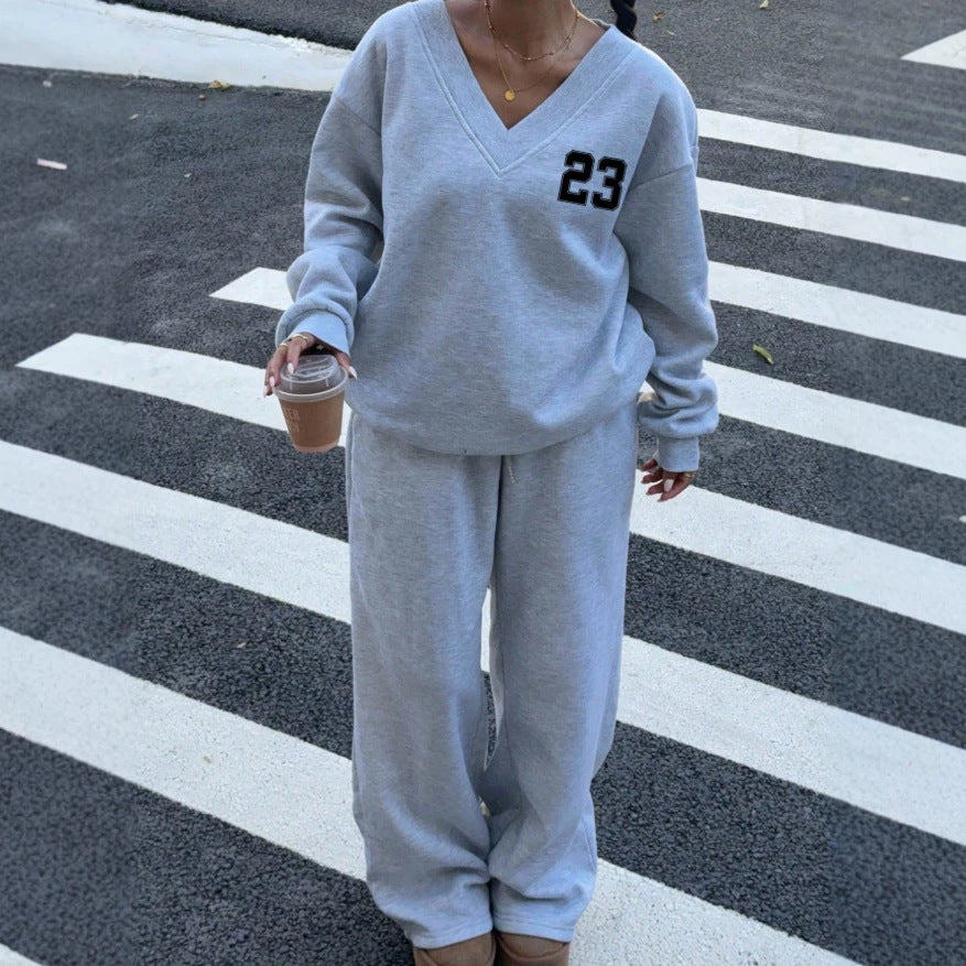V Neck Graphic Sweatshirt Wide Leg Sweatpants Set