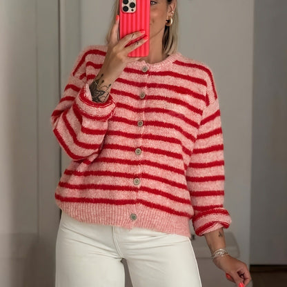 Striped Knit Cardigan Button Front Oversized Sweater