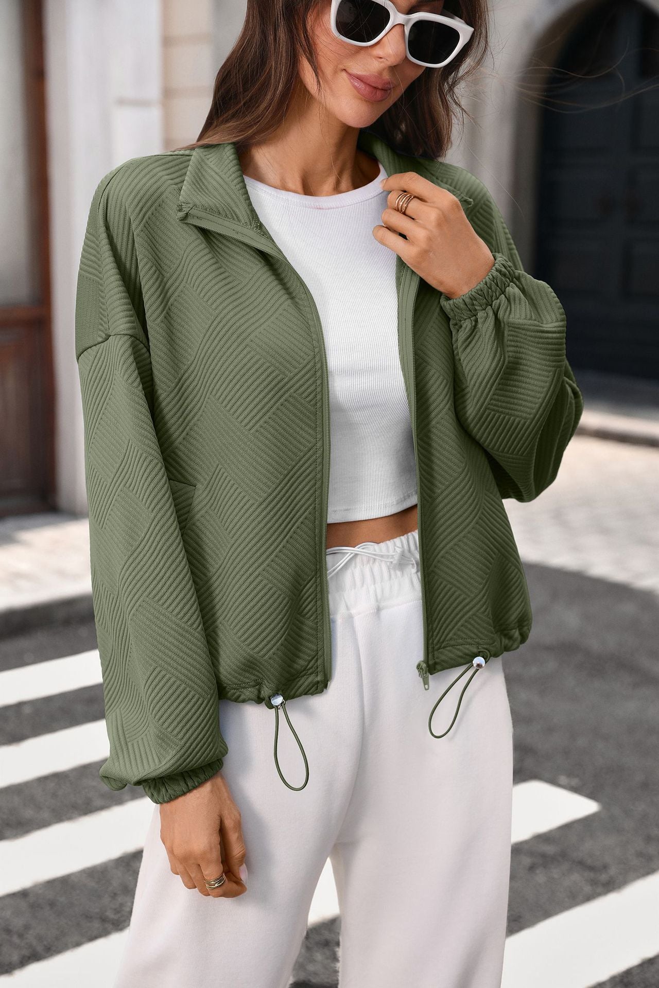 Quilted Zip Sweatshirt Drawstring Cropped Jacket