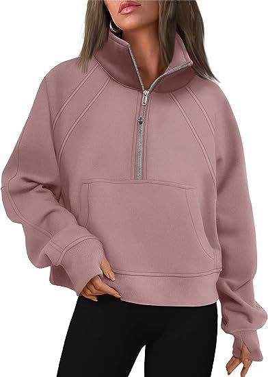 Oversized Half Zip Fleece Cropped Sweatshirt with Pocket